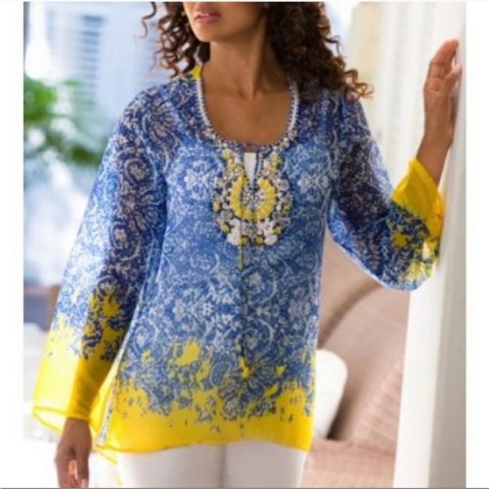 Soft Surroundings Blue Yellow Beaded Grasse Tunic XL